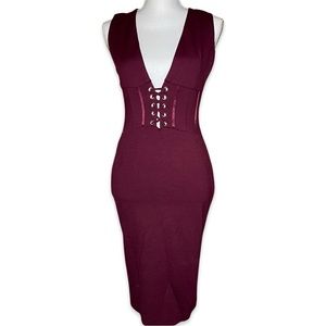 Iris Plunging V-neck Lace-up Corset Burgundy Dress Medium